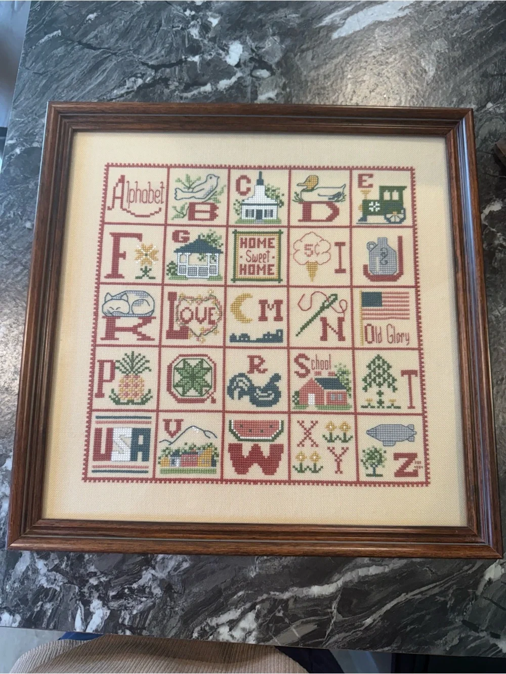 Framed Alphabet Cross-Stitch Wall Art - Brown & Cream